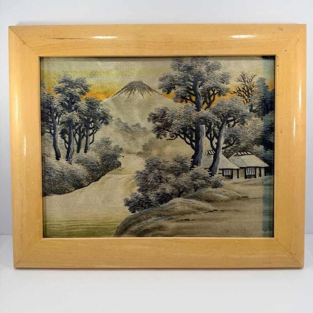 VTG Japanese Silk Thread Embroidery Mount Fuji Landscape Framed MCM Textile Art
